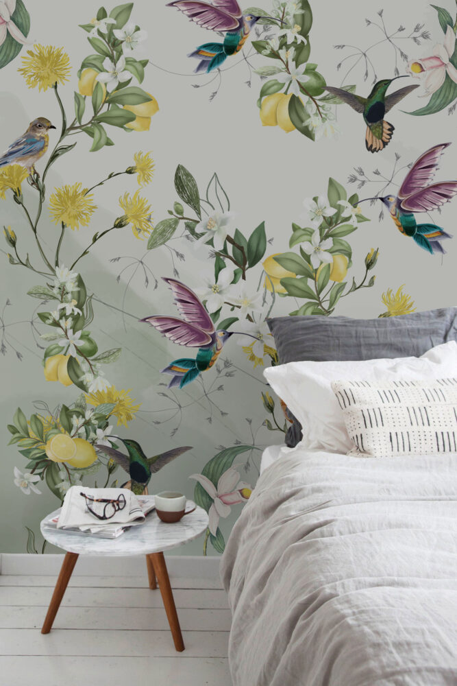 Lemon Tree Hummingbird Wallpaper : Bright Botanical Bird Pattern - View 3