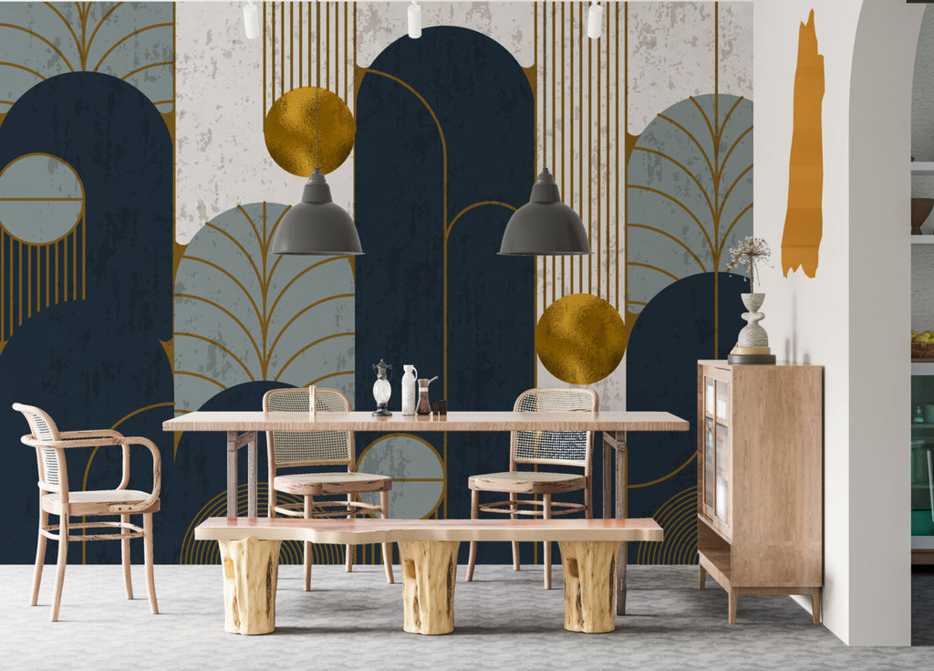Navy Gold Art Deco Arch Wallpaper : Luxe Geometric Mural