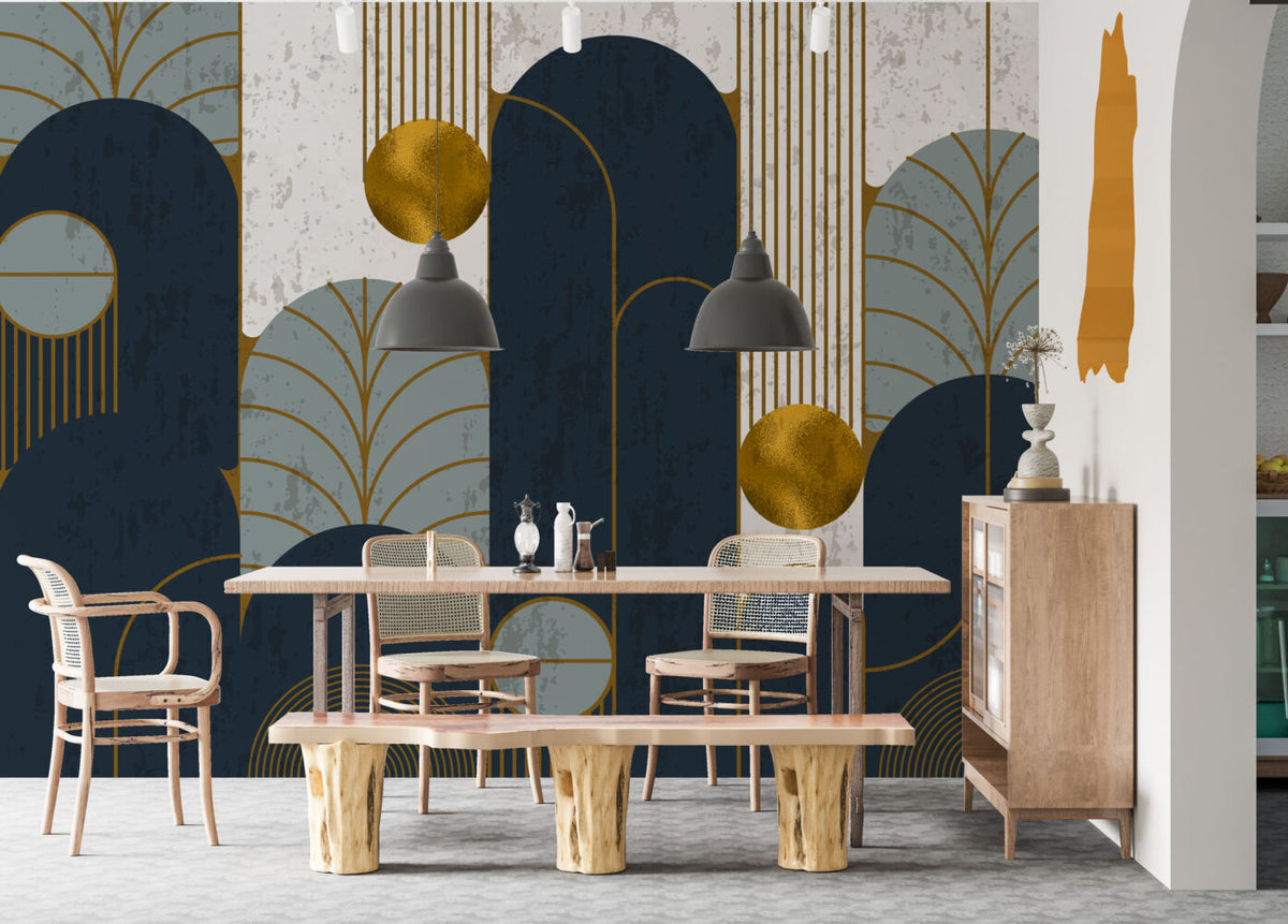 Navy Gold Art Deco Arch Wallpaper : Luxe Geometric Mural