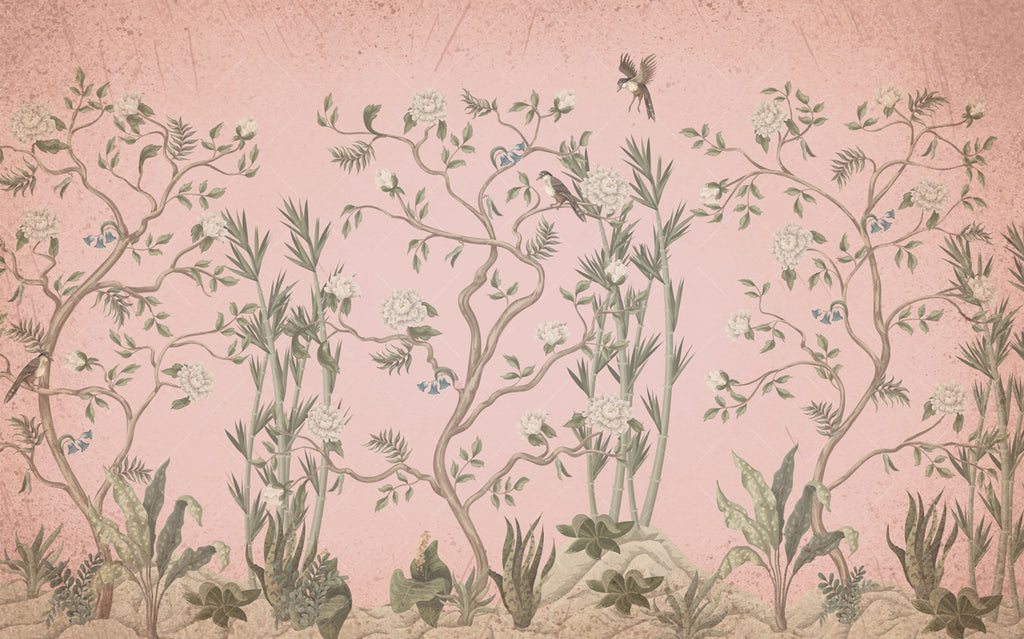 Blush Chinoiserie Tree Wallpaper : Pink Blossom Bird Mural - View 2