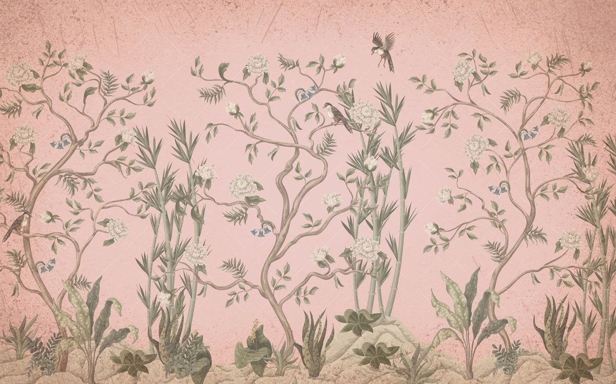 Blush Chinoiserie Tree Wallpaper : Pink Blossom Bird Mural - View 2