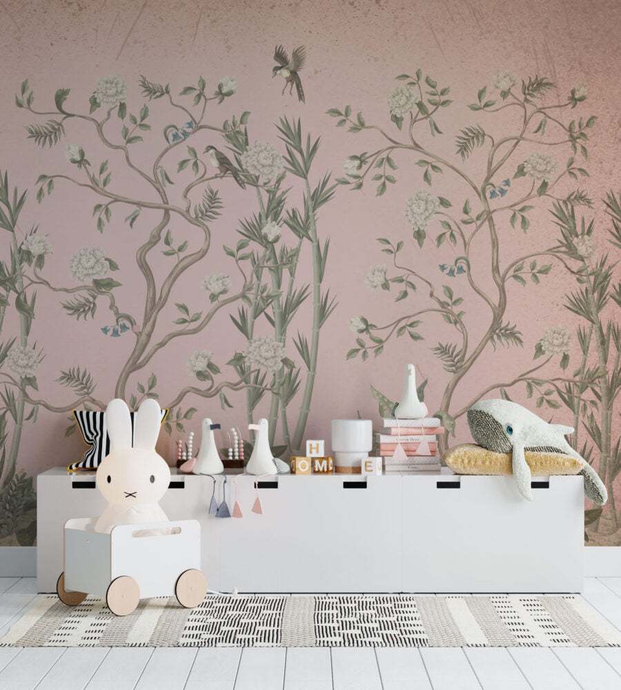 Blush Chinoiserie Tree Wallpaper : Pink Blossom Bird Mural - View 4