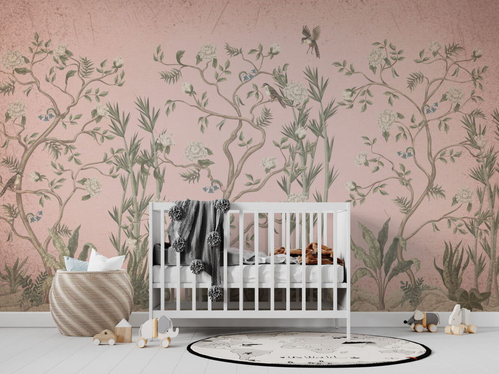 Blush Chinoiserie Tree Wallpaper : Pink Blossom Bird Mural