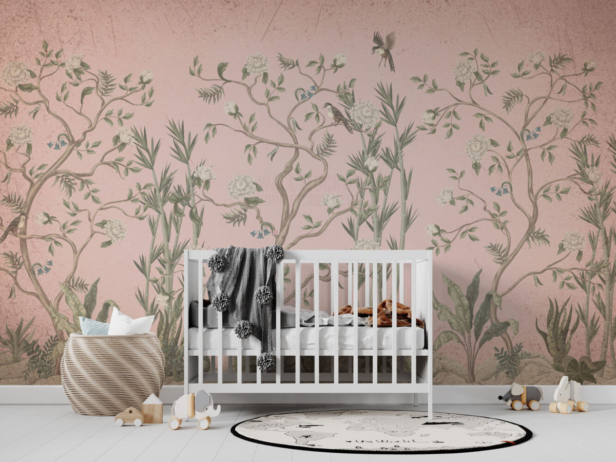 Blush Chinoiserie Tree Wallpaper : Pink Blossom Bird Mural - View 3