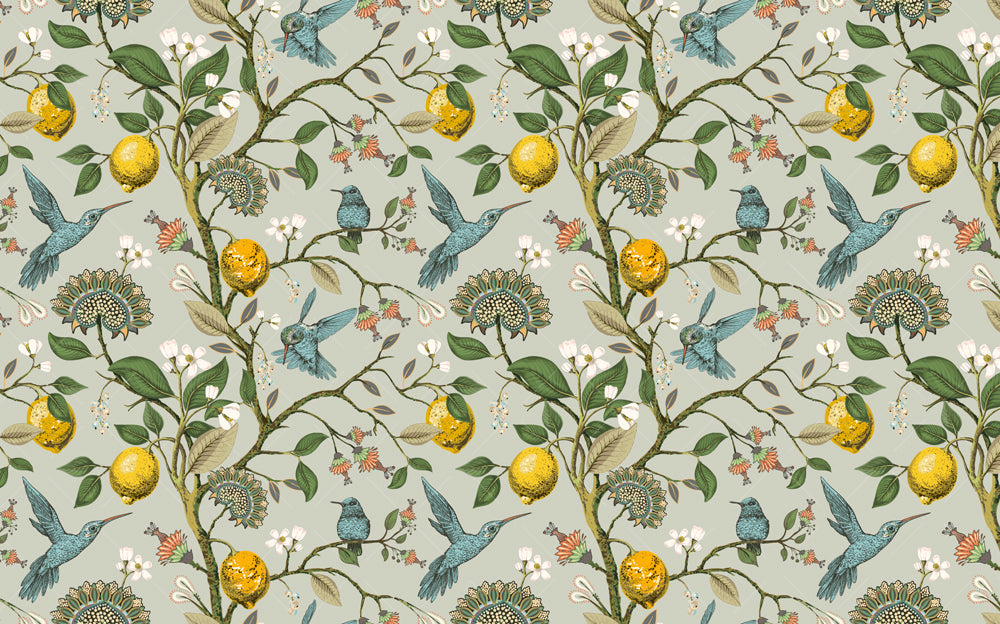 Lemon Branch Bluebird Wallpaper : Vintage Botanical Pattern - View 2
