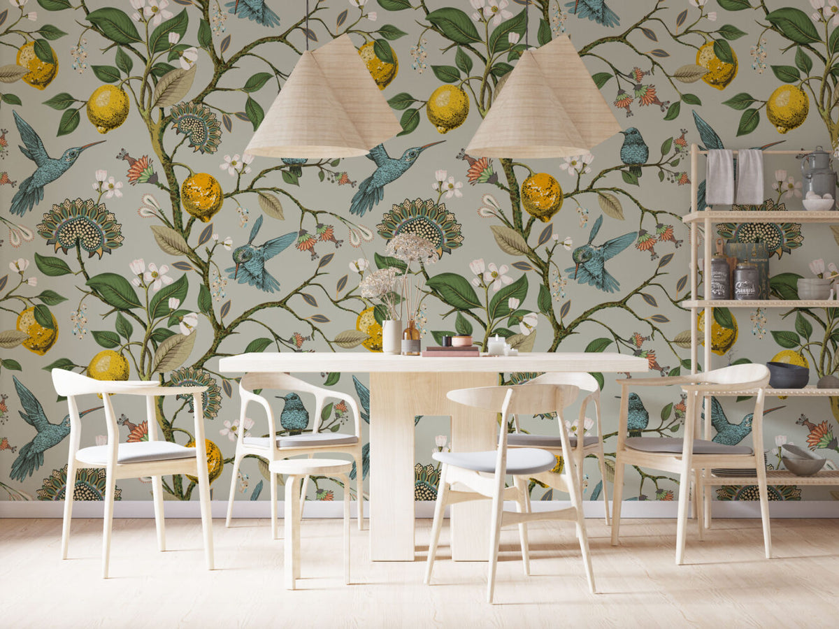 Lemon Branch Bluebird Wallpaper : Vintage Botanical Pattern - View 3