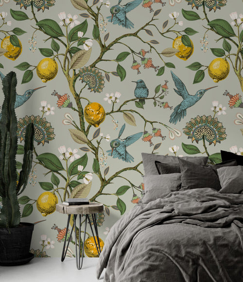 Lemon Branch Bluebird Wallpaper : Vintage Botanical Pattern