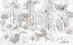 Grey Safari Jungle Wallpaper : Soft Monochrome Animal Mural - View 2