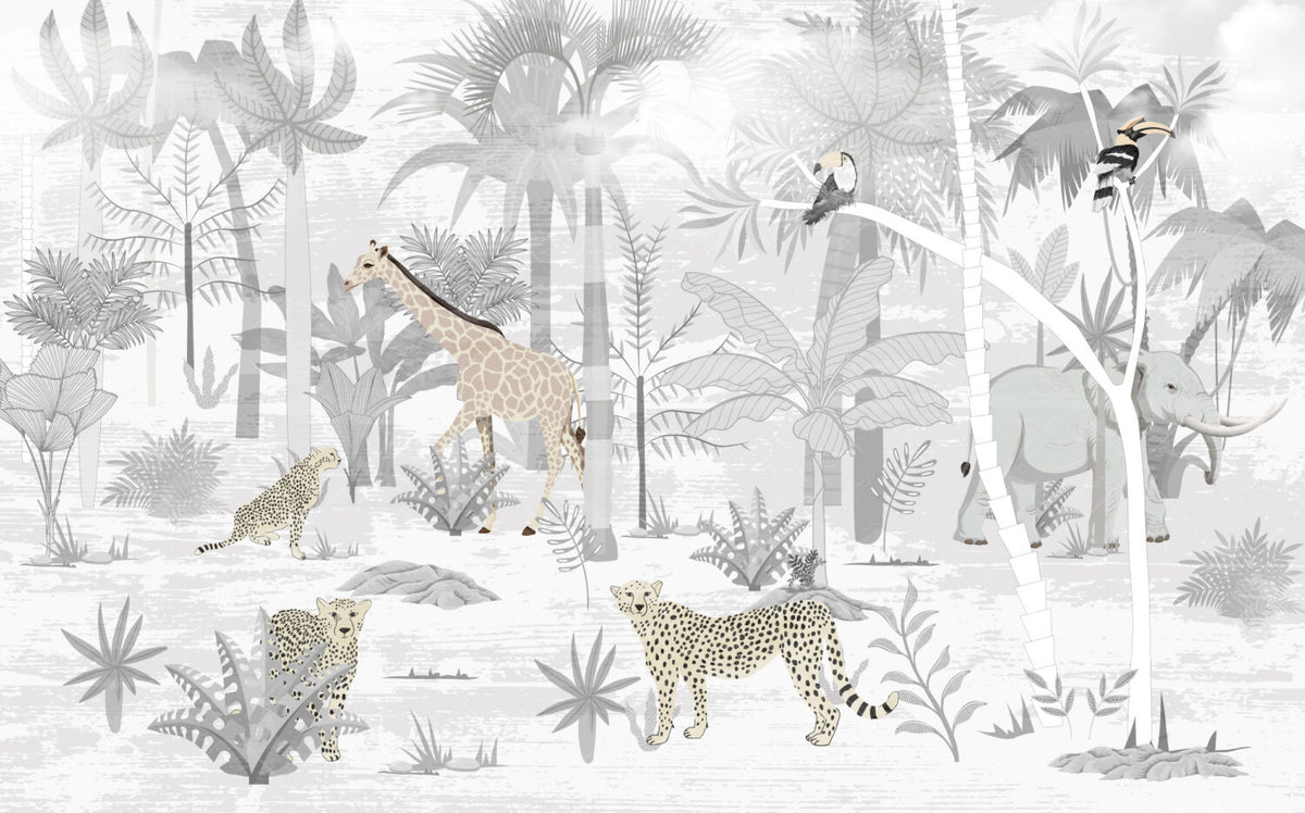 Grey Safari Jungle Wallpaper : Soft Monochrome Animal Mural - View 2