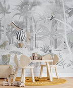 Grey Safari Jungle Wallpaper : Soft Monochrome Animal Mural - View 3
