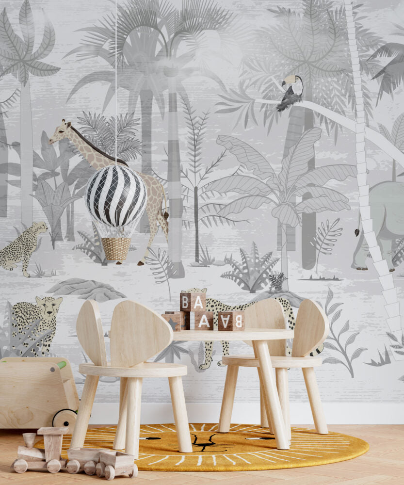 Grey Safari Jungle Wallpaper : Soft Monochrome Animal Mural - View 3