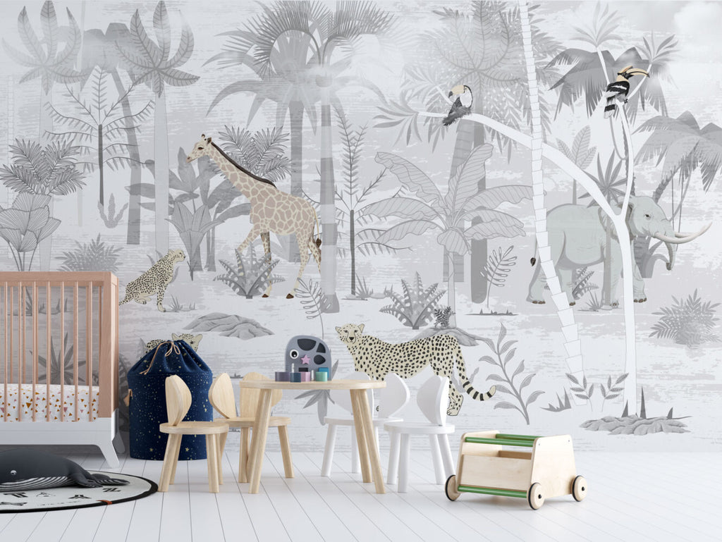 Grey Safari Jungle Wallpaper : Soft Monochrome Animal Mural
