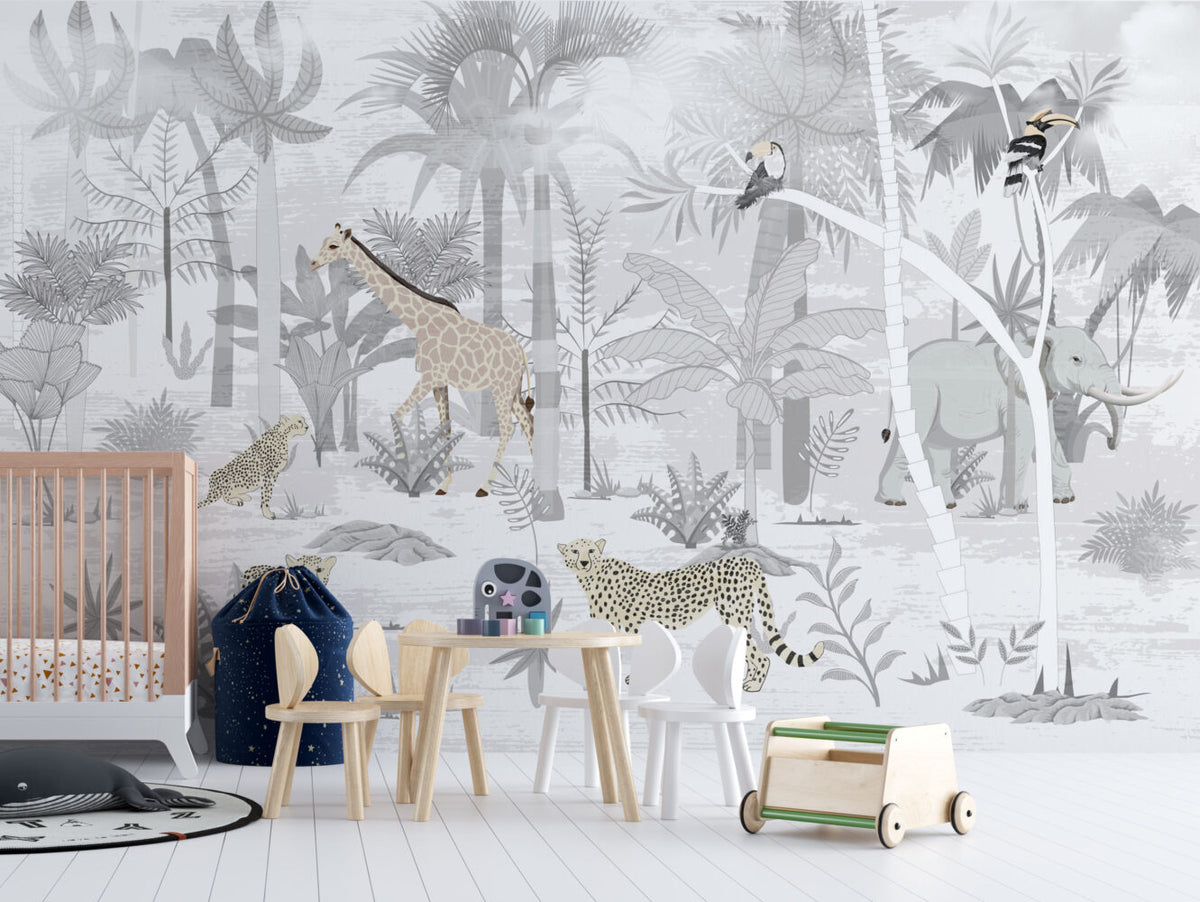 Grey Safari Jungle Wallpaper : Soft Monochrome Animal Mural