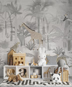 Grey Safari Jungle Wallpaper : Soft Monochrome Animal Mural - View 4