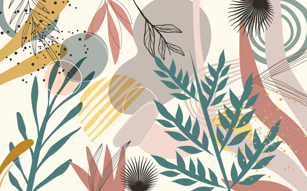 Teal Leaf Abstract Wallpaper : Mid-Century Shapes Mural - View 2