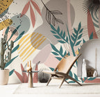 Teal Leaf Abstract Wallpaper : Mid-Century Shapes Mural