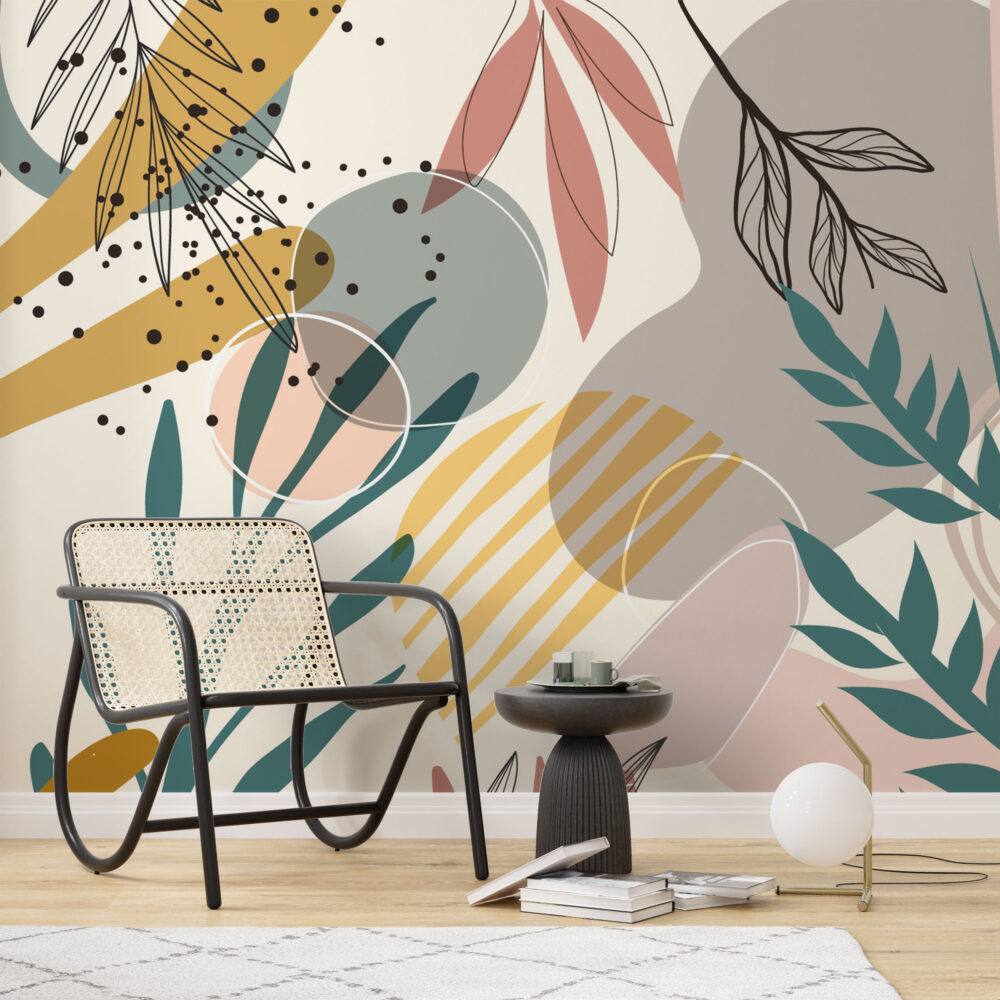Teal Leaf Abstract Wallpaper : Mid-Century Shapes Mural - View 3