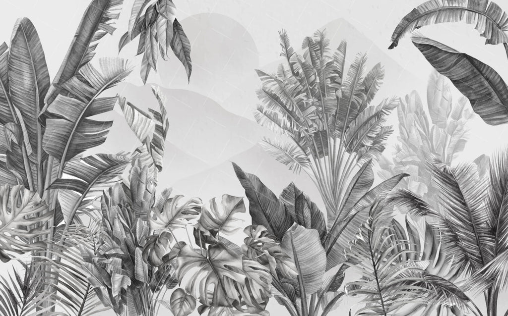 Black and White Tropical Leaf Wallpaper : Monochrome Jungle Mural - View 2