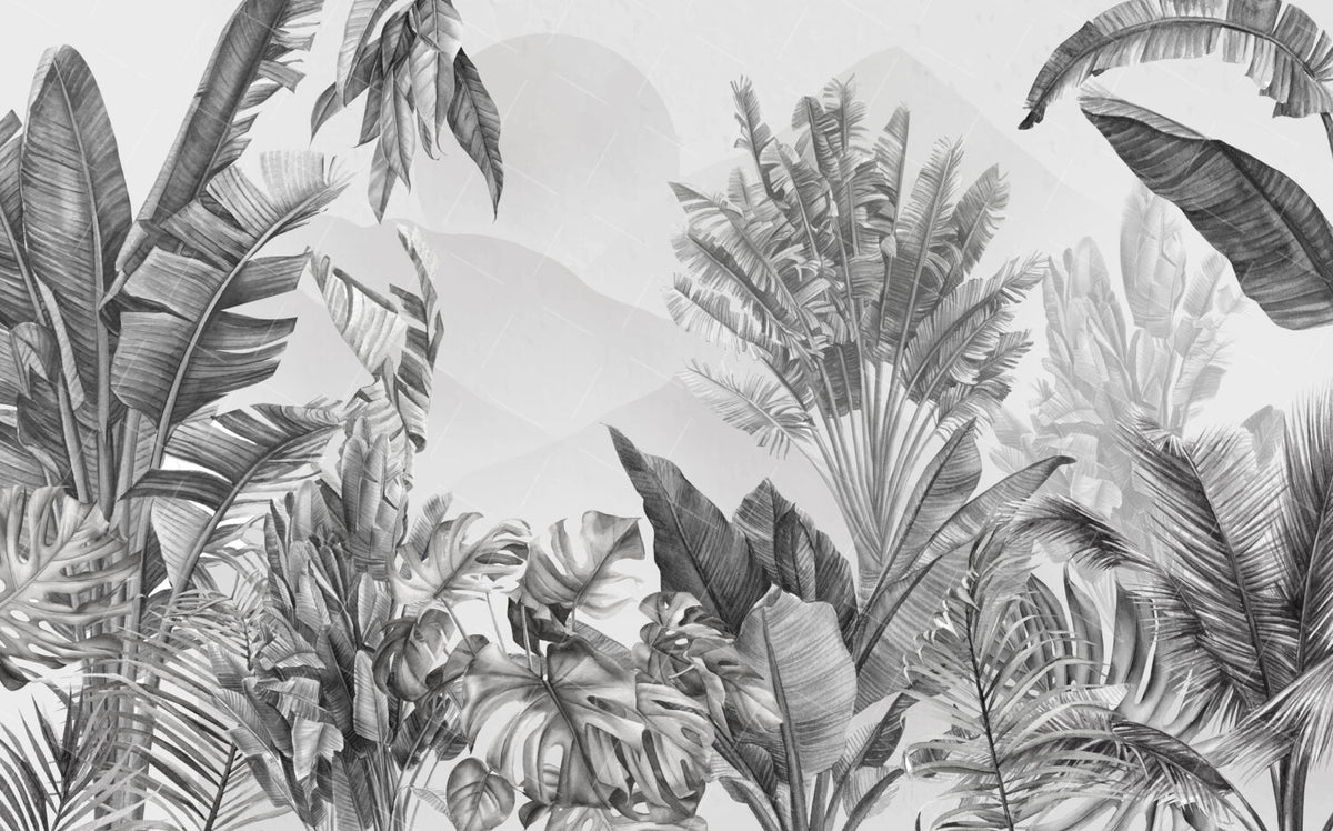 Black and White Tropical Leaf Wallpaper : Monochrome Jungle Mural - View 2