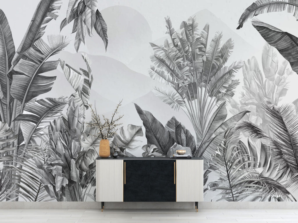 Black and White Tropical Leaf Wallpaper : Monochrome Jungle Mural - View 4