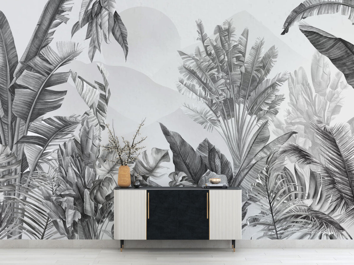 Black and White Tropical Leaf Wallpaper : Monochrome Jungle Mural - View 4