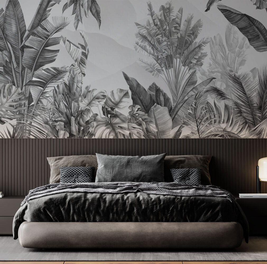 Black and White Tropical Leaf Wallpaper : Monochrome Jungle Mural - View 3