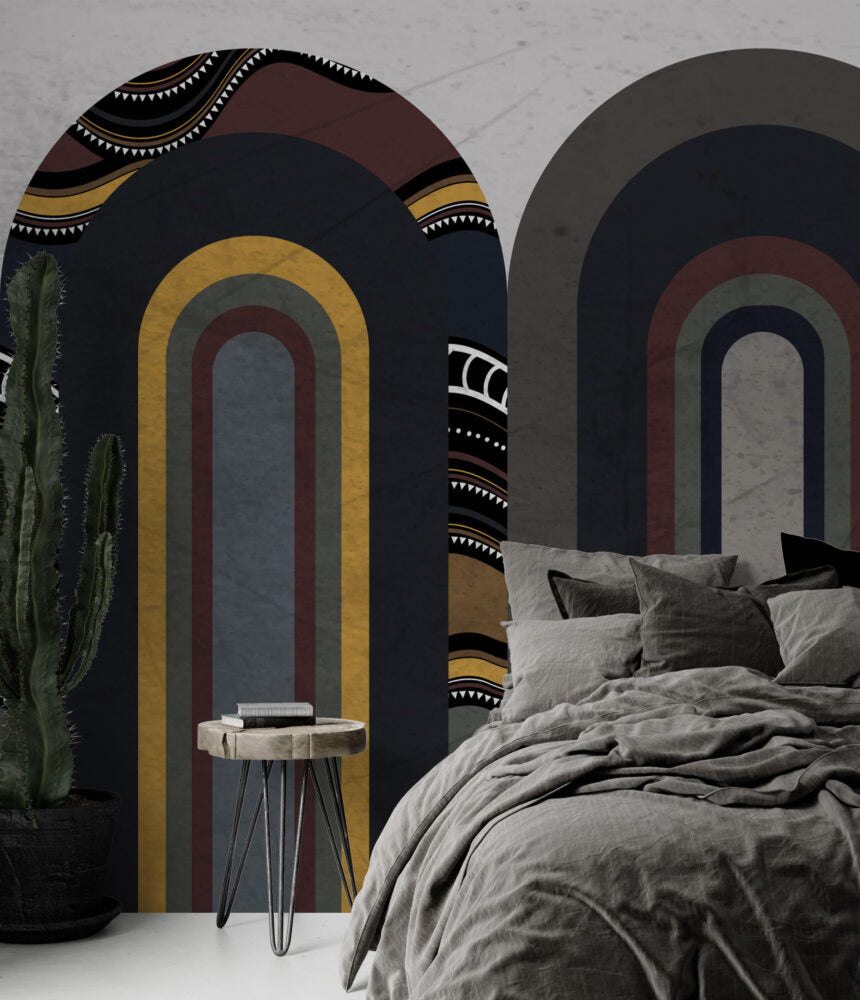 Dark Ethnic Arch Wallpaper : Boho Striped Geometric Mural