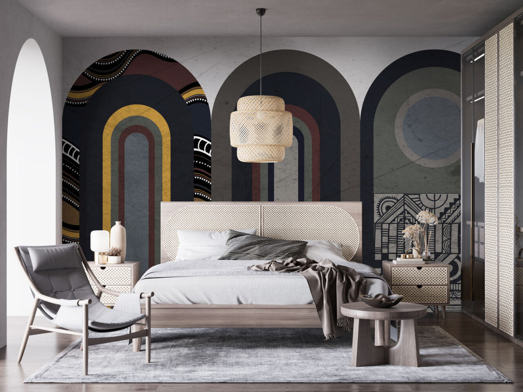 Dark Ethnic Arch Wallpaper : Boho Striped Geometric Mural - View 4