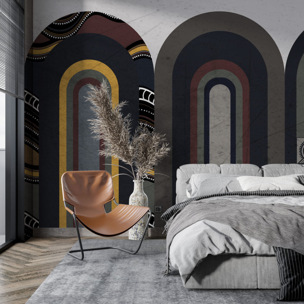 Dark Ethnic Arch Wallpaper : Boho Striped Geometric Mural - View 3