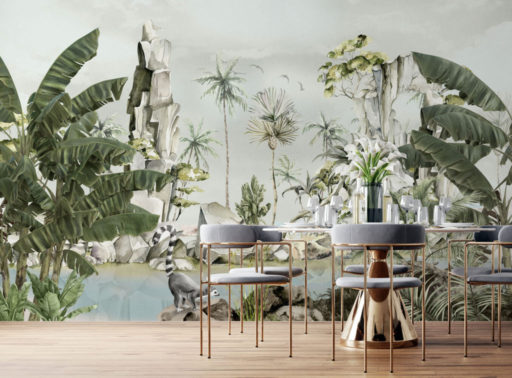 Lakeside Tropical Palm Wallpaper : Soft Green Jungle Mural