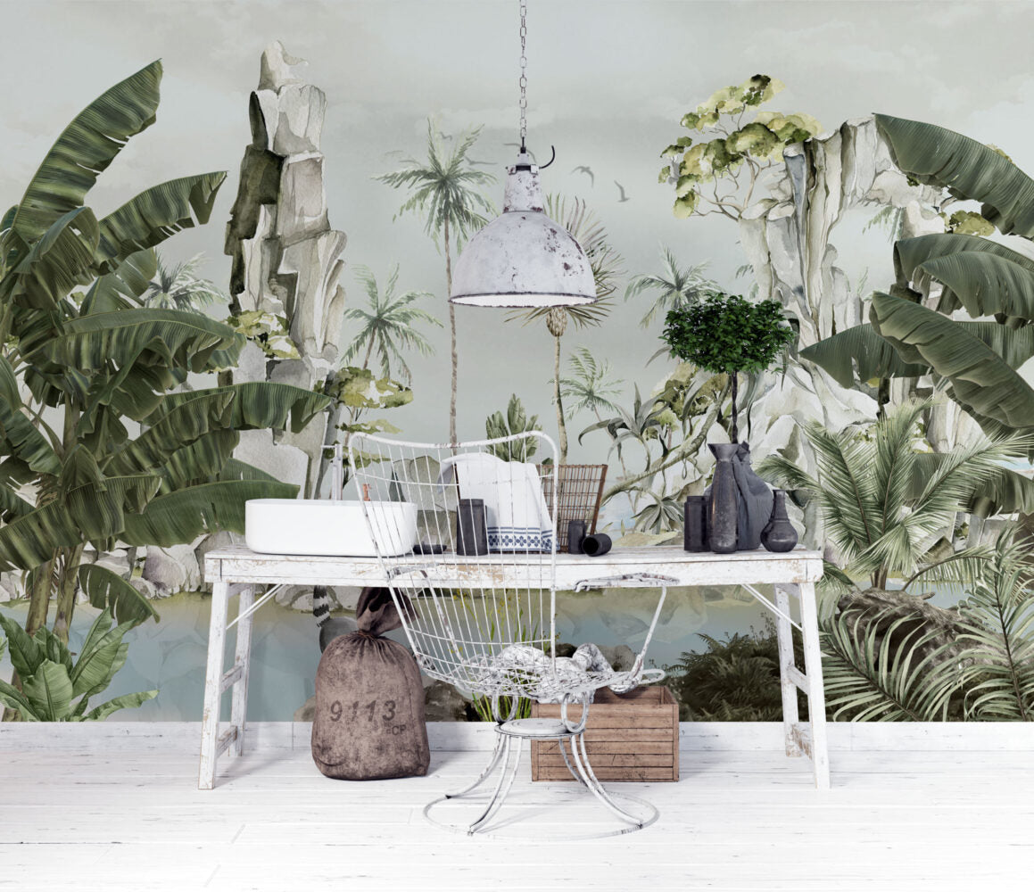 Lakeside Tropical Palm Wallpaper : Soft Green Jungle Mural - View 4