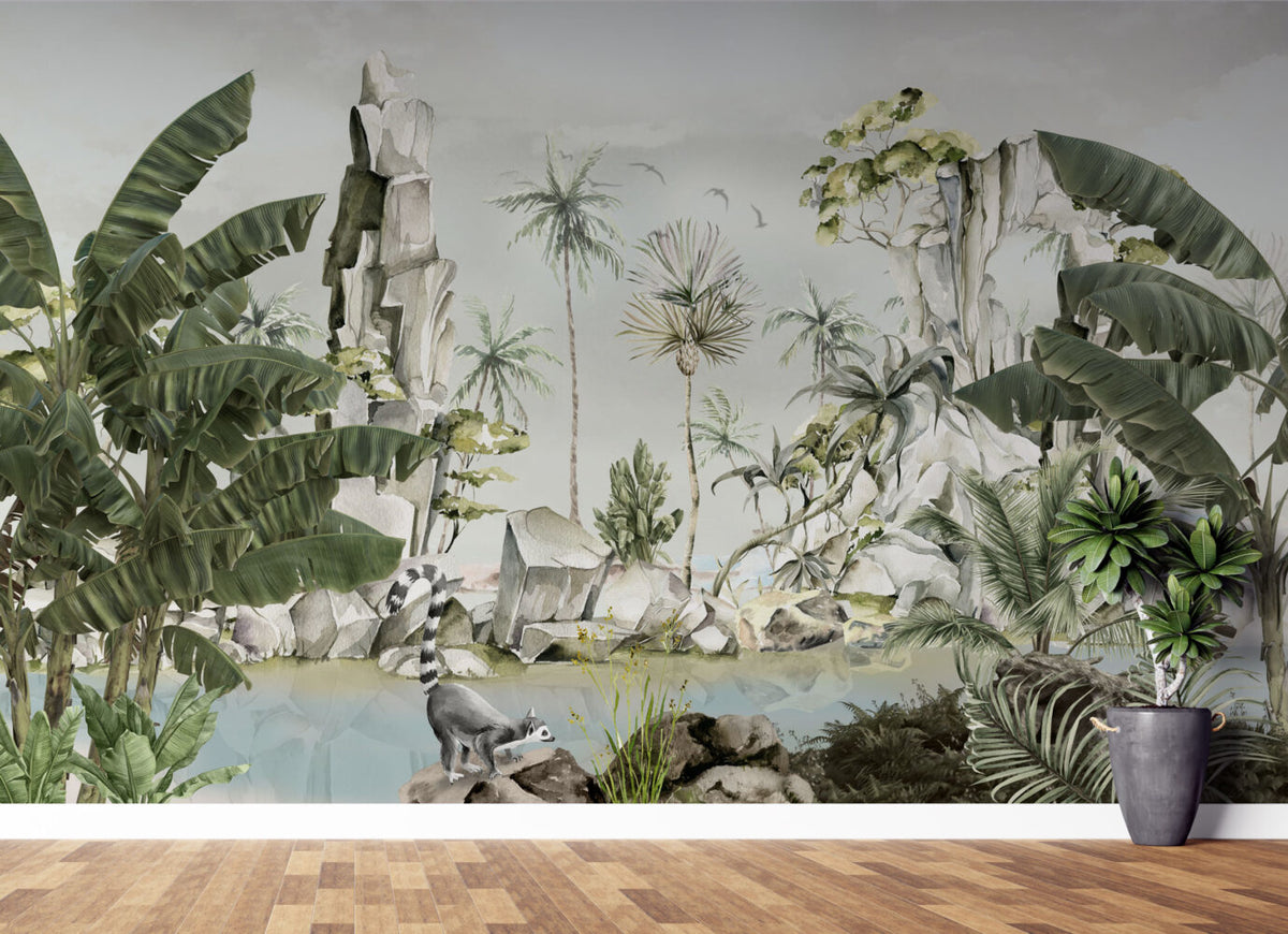 Lakeside Tropical Palm Wallpaper : Soft Green Jungle Mural - View 3