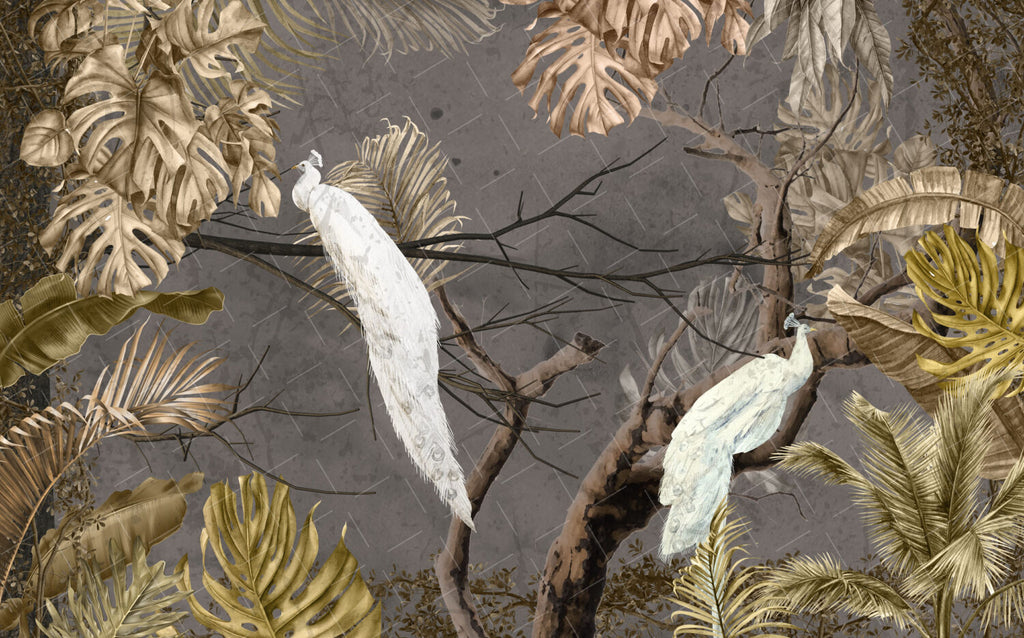 White Peacock Branch Wallpaper : Dark Tropical Bird Mural - View 2