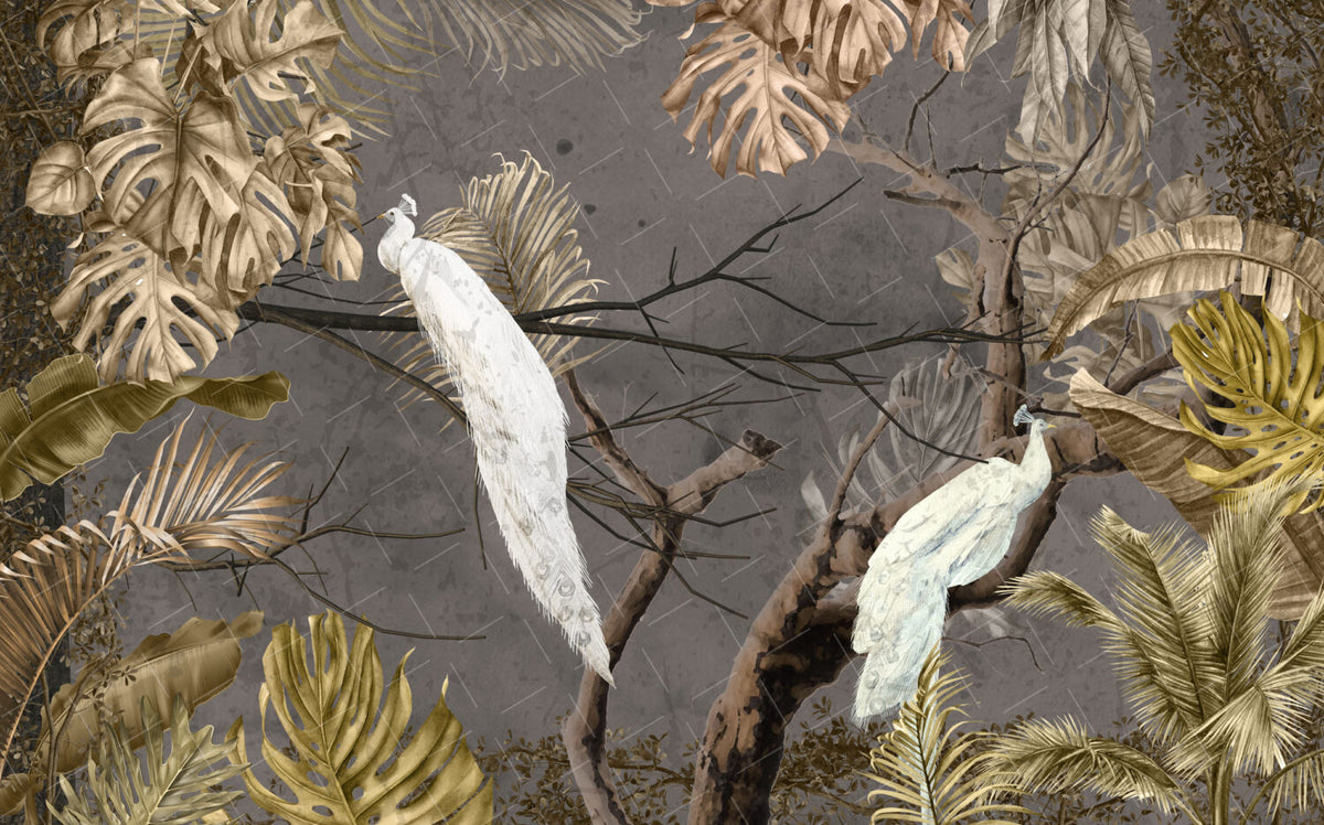 White Peacock Branch Wallpaper : Dark Tropical Bird Mural - View 2