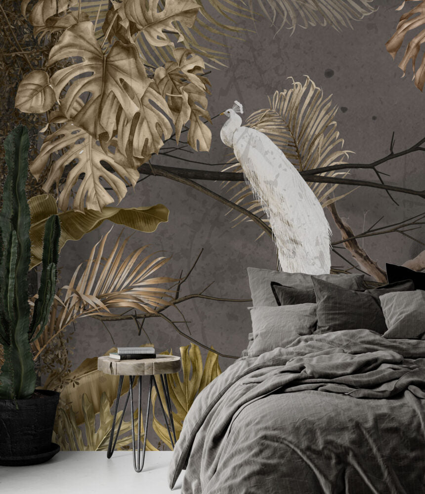 White Peacock Branch Wallpaper : Dark Tropical Bird Mural - View 4