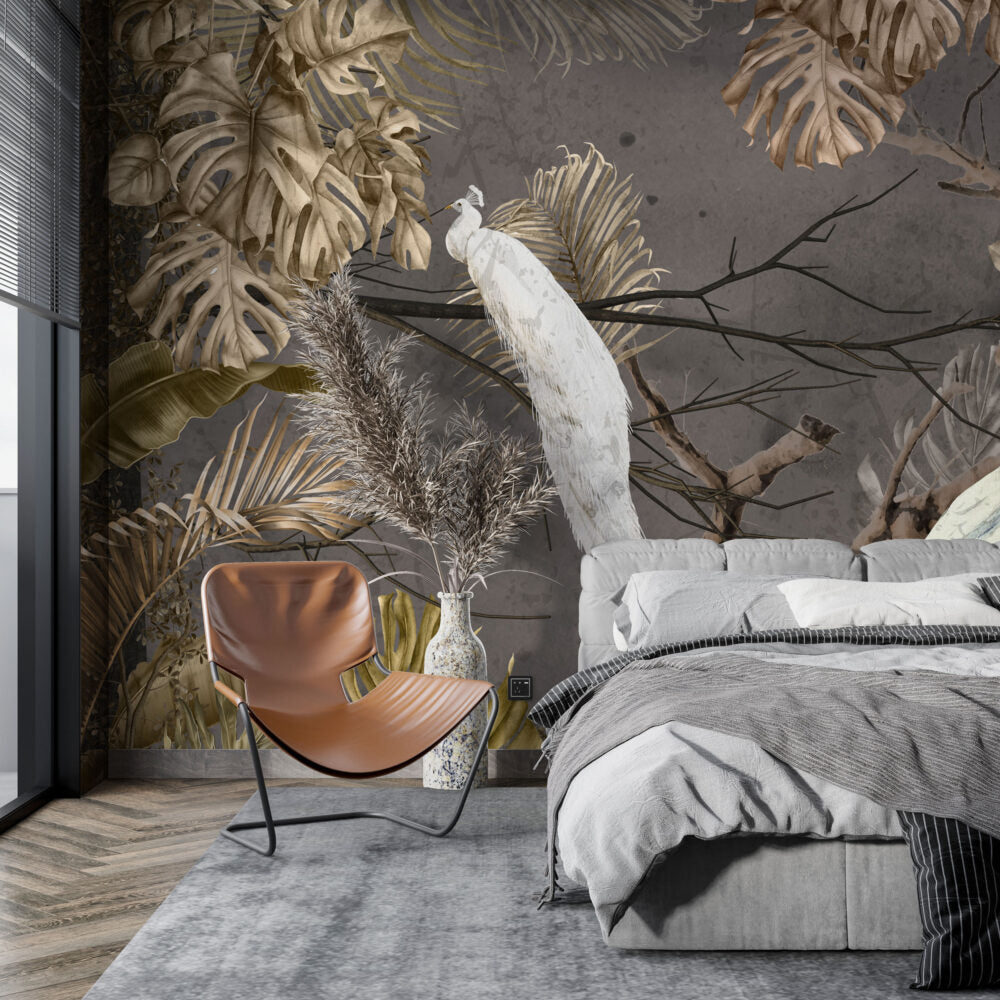 White Peacock Branch Wallpaper : Dark Tropical Bird Mural - View 3