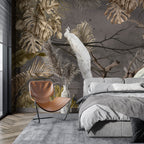 White Peacock Branch Wallpaper : Dark Tropical Bird Mural - View 3