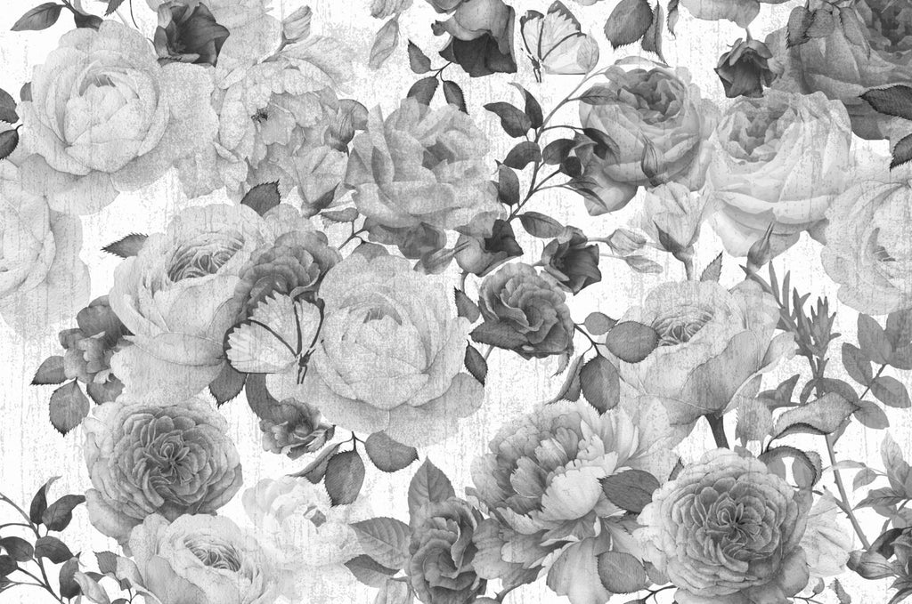 Black and White Rose Wallpaper : Textured Monochrome Floral Mural - View 2