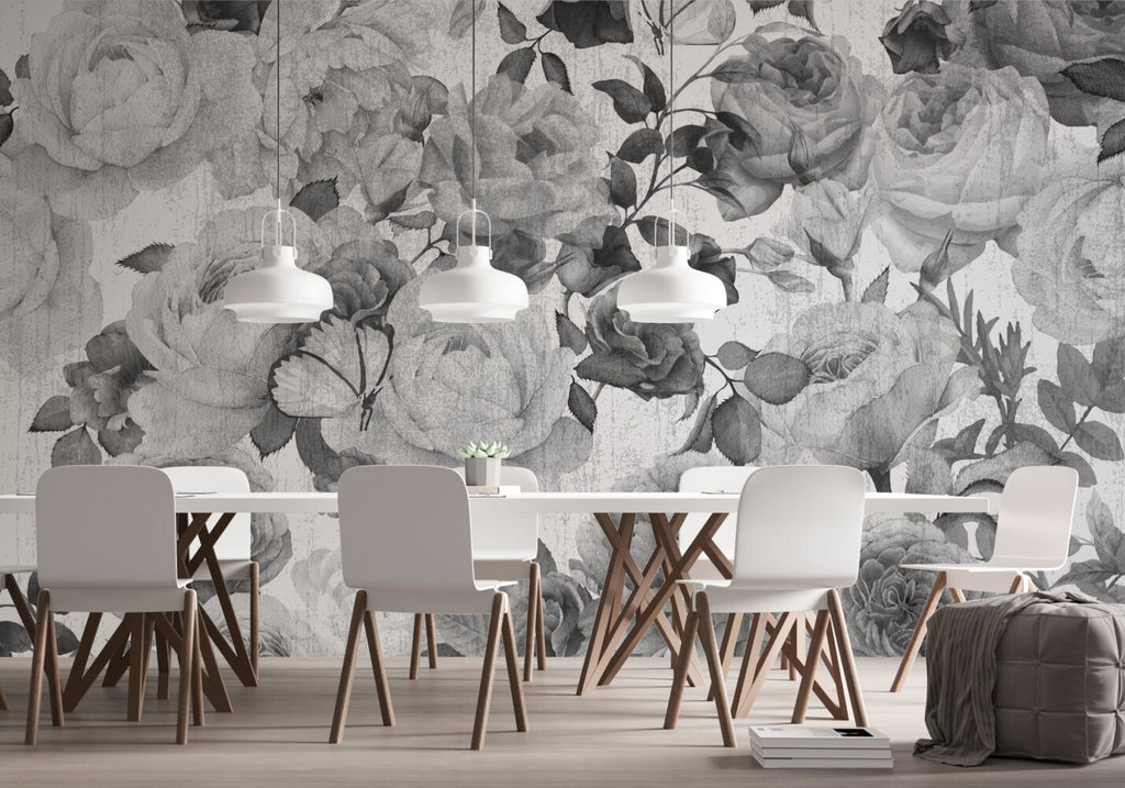 Black and White Rose Wallpaper : Textured Monochrome Floral Mural