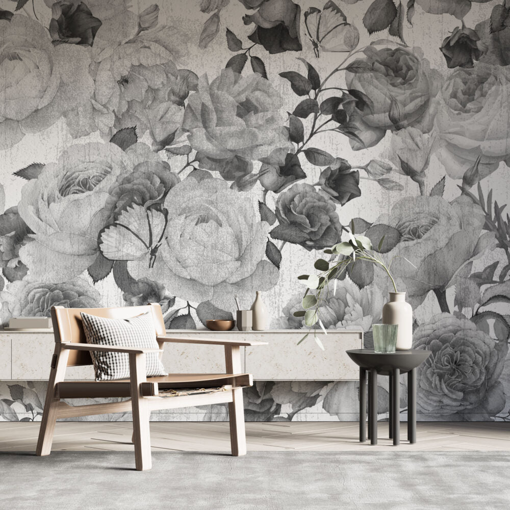 Black and White Rose Wallpaper : Textured Monochrome Floral Mural - View 4