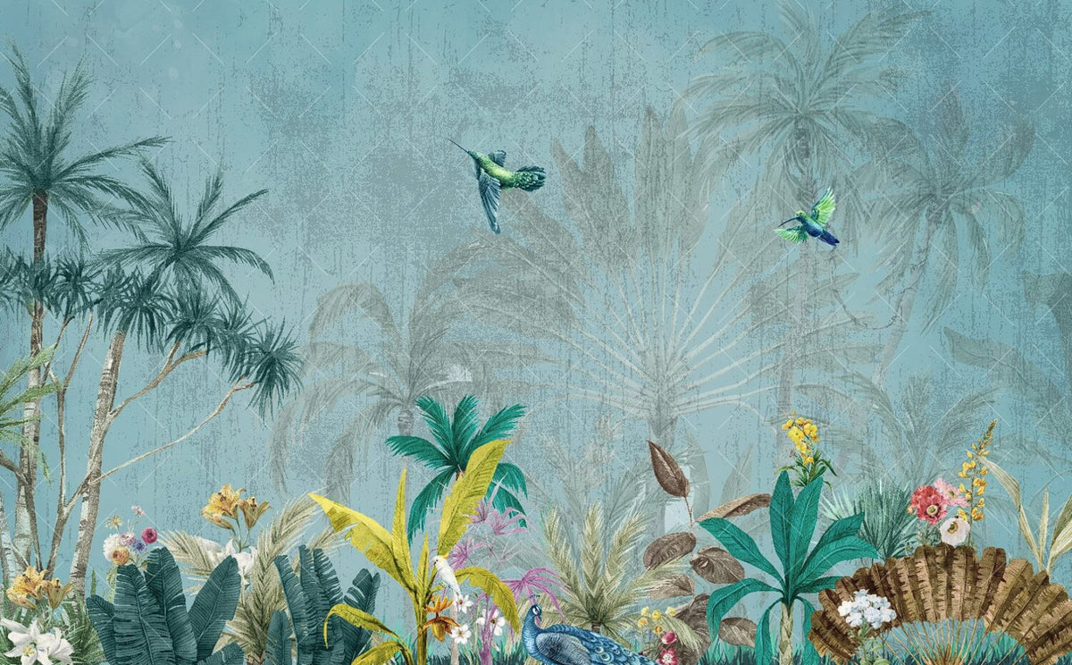 Turquoise Palm Sketch Wallpaper : Tropical Leaf Mural - View 2