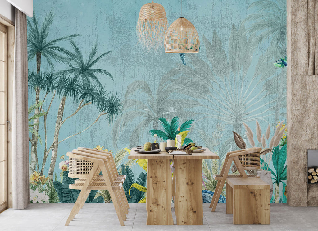 Turquoise Palm Sketch Wallpaper : Tropical Leaf Mural