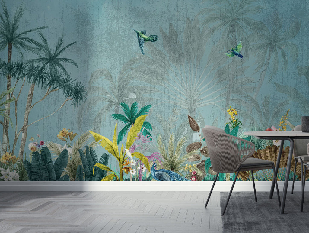Turquoise Palm Sketch Wallpaper : Tropical Leaf Mural - View 3
