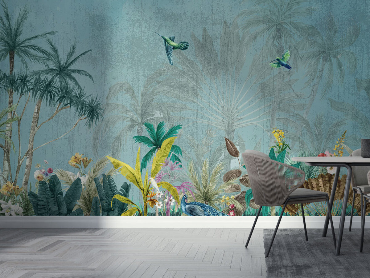 Turquoise Palm Sketch Wallpaper : Tropical Leaf Mural - View 3