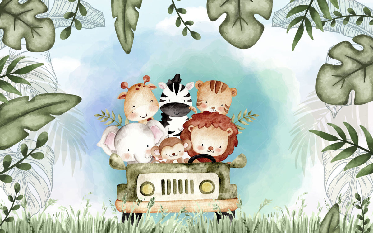 Safari Animals Car Wallpaper : Cute Watercolor Kids Mural - View 2