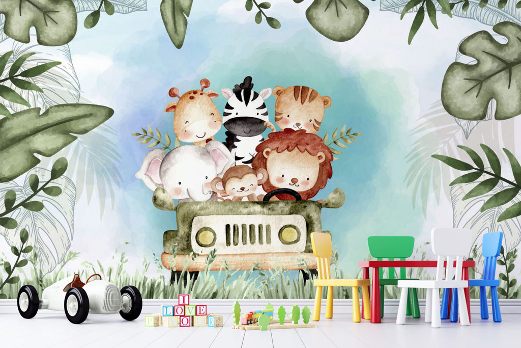Safari Animals Car Wallpaper : Cute Watercolor Kids Mural - View 4