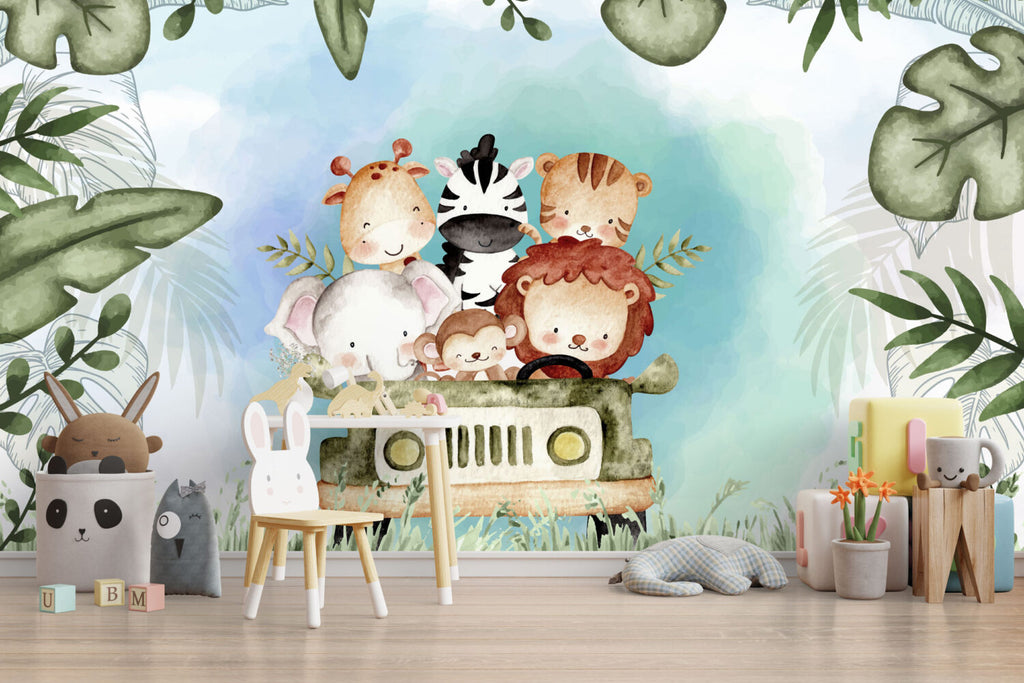 Safari Animals Car Wallpaper : Cute Watercolor Kids Mural