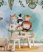 Safari Animals Car Wallpaper : Cute Watercolor Kids Mural - View 3