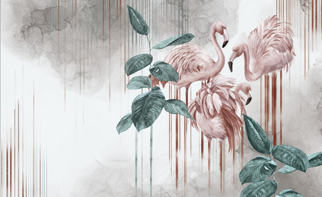 Distressed Flamingo Leaf Wallpaper : Teal and Pink Tropical Mural - View 2
