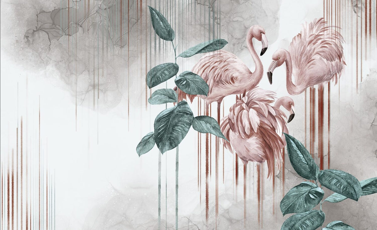 Distressed Flamingo Leaf Wallpaper : Teal and Pink Tropical Mural - View 2